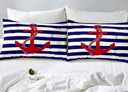 Nautical Anchor Sheet Sets Twin Geometric Stripes Top Sheet Ocean Adventure Theme Bed Sheet Navy Blue and Red Bedding Set 3pcs for Kids Girls Teens Boys Fitted Sheet+Flat Sheet+2 Pillowcases