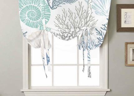 Coastal Tie Up Curtains 45 Inches Long, Beach Blue Teal Coral Kitchen Window Curtains Over Sink, Sea Nautical Starfish Small Window Curtains Shade Balloon Curtains Valances for Bedroom/Cafe 34"x45"