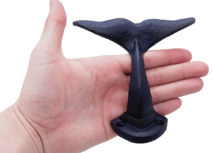 Wowser Navy Blue Whale Tail Cast Iron Wall Hooks, Wall Mounted for Hanging Clothes & Accessories, Nautical Home & Office Decor, Set of 3, 4.75 Inches High