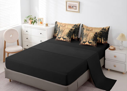 Erosebridal Wildlife Deer Queen Bedding Set 7 Piece Cabin Farmhouse Bed in A Bag with Sheets Rustic Country Comforter Set for Kids Adults,Sunset Pine Tree Bed Sets