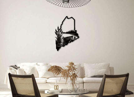 Maine Landscape Lake Boat Metal Wall Art Decor Metal Outdoor Decor Metal Signs Rustic Style Stunning Elegant Wall Decor for Living Room Office Home Decoration Art Piece (Black,12inch)