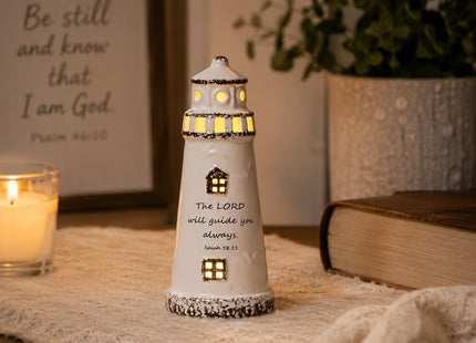 DAILYBREAD Christian Lighthouse Lamp – Small Ceramic Night Light with Bible Verse, Inspirational Faith Gift for Kids, Students,Baptism,Birthday,Journey,Warm Light Up Decor for Bed Room or Desk 5" H