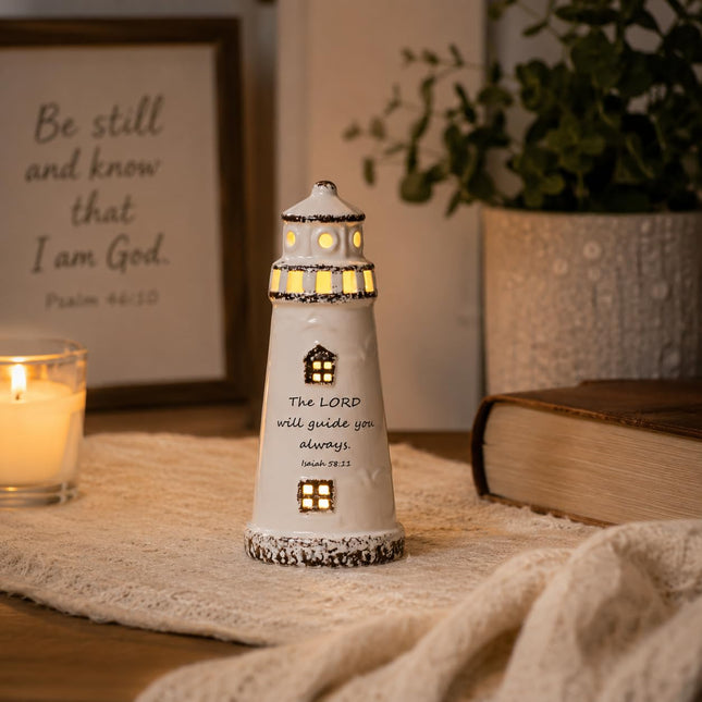 DAILYBREAD Christian Lighthouse Lamp – Small Ceramic Night Light with Bible Verse, Inspirational Faith Gift for Kids, Students,Baptism,Birthday,Journey,Warm Light Up Decor for Bed Room or Desk 5" H