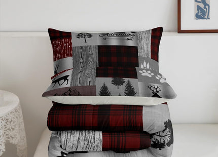 Castle Fairy Black Bear Comforter Set Twin,Hunting and Adventure Bedding Set Wild Deer Animal Quilt Set for Kids Teens Adults Room Decor Rustic Cabin Plaid Duvet Insert with 1 Pillowcase Grey and Red