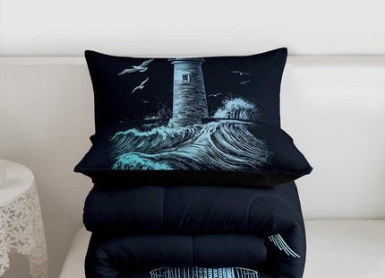 Erosebridal Nautical Comforter Set Twin, Lighthouse Down Comforter for Kids Boys Men, Ocean Wave Quilted Duvet, Surfing Coastal Bedding Comforters, Navy Blue Hand Drawn,Ultra Lightweight