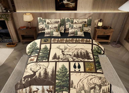 Feelyou Deer Bed in a Bag Twin Size Bear Comforter Set 7 Pieces Moose Wild Animal Rustic Cabin Country Tree Mountain Bedding Set Room Decor Brown Plaid Bed Set with Comforter, Sheet Set, Pillowcases