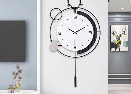 Large Wall Clocks for Living Room Decor, Modern Pendulum Wall Clock Silent Quartz Battery Operated Non-Ticking, Black Metal Deer Clock for Living Room Kitchen Bedroom Home Wall Decor,13x25inch