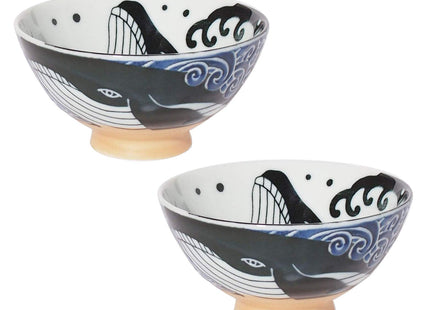 Minoru Touki White Wave Whale Blue Ceramic Rice Bowl Small Set of 2 φ4.4×H2.4in 11.29oz