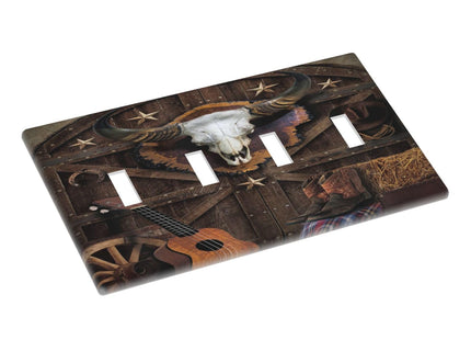 Spshian Western Wood Plank Rustic Barn Door Quad Toggle Farmhouse Light Switch Covers 4 Gang Wall Plate Decorative Switchplate Electrical Faceplate for Cabin Bathroom Bedroom Decor