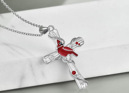 POPKIMI Red Cardinal Pendant Necklace S925 Sterling Silver Cardinal Jewelry Bird Memorial Tree Pendant Jewelry Gift for Women