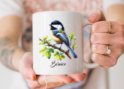 Yossbe Chickadee Coffee Mug, Personalized Chickadee Tea Cup With Name, Chickadee Bird Lover Mugs Gift For Men Women, Chickadee Cups For Birthday, Adorable Chickadee Bird White Ceramic Mug 11oz 15oz