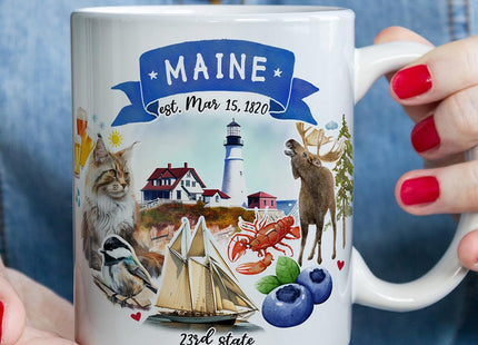 OrnamentallyYou State Travel Landmark Mugs – 12 oz Ceramic Coffee Cups, U.S. Souvenir Gift for Tourists (Artistic Maine State Themes and Landmarks Mug)