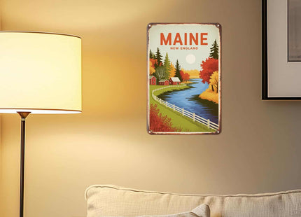 Maine Travel Poster Tin Sign Rustic New England Wall Decor (8X12 IN)