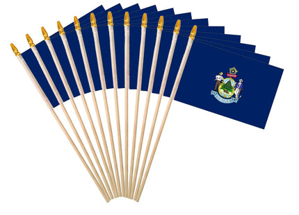 Maine State Handheld Stick Flag 6x9 Inch 12 Pack Small Mini ME Flag On Wooden Stick For Patriotic Festival Events Party Decoration (ME, 6x9 In)