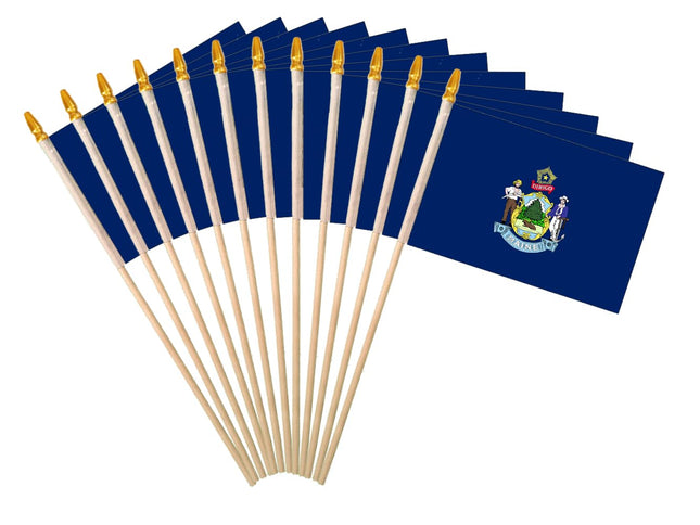 Maine State Handheld Stick Flag 6x9 Inch 12 Pack Small Mini ME Flag On Wooden Stick For Patriotic Festival Events Party Decoration (ME, 6x9 In)