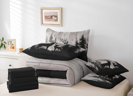 Erosebridal Deer Family Bedding Set Twin Retro Wooden Farmhouse Comforter Set 7 Piece Hunting Rustic Animal Bed in A Bag for Kids Girls Western Forest Wildlife Hunting Quilt with Flat Fitted Sheet