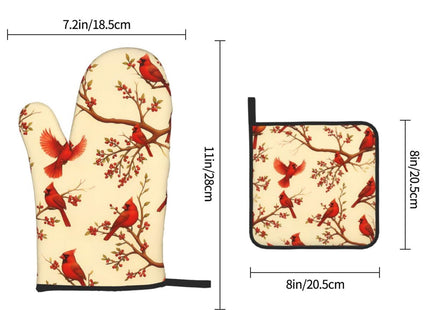 Red Cardinal Oven Mitts and Pot Holders Sets of 3, Non-Slip Christmas Heat Resistant Kitchen Gloves Hot Pad, Cardinal Gifts for Women, Rustic Christmas Kitchen Decor, Baking Cooking Grilling Gifts