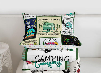 Erosebridal Camping Decor Quilt King,Camper Bedding Set Patchwork Style Wooden Cabin Comforter Set for Girls Women,Rustic Happy Camping Duvet Insert Retro Camp Travel Car Bedroom Decor