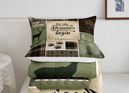 Rustic Patchwork King Size Quilt Bedding Set,Brown Plaid Check Adventure Comforter Set for Men Women Adults,Lodge Country Deer Bear Duvet Insert Retro Nordic Boho Arrow Down Comforter,3 Pieces
