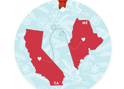 Andaz Press Round Keepsake Christmas Ornament Long Distance Gift, California and Maine, Winter Blue and Red, 1-Pack, Metal Moving Away Graduation University College Gifts for Him Her Relationships