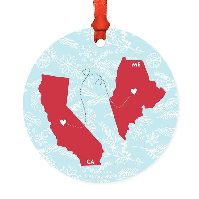 Andaz Press Round Keepsake Christmas Ornament Long Distance Gift, California and Maine, Winter Blue and Red, 1-Pack, Metal Moving Away Graduation University College Gifts for Him Her Relationships