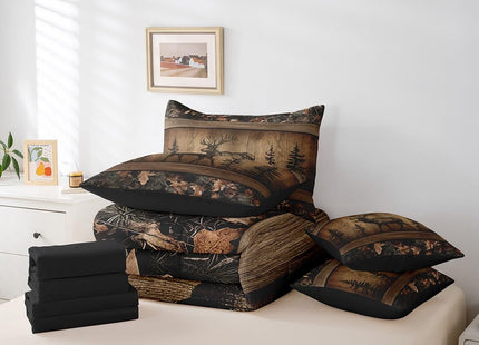 Erosebridal Camo Moose Bed in A Bag 7 Piece Rustic Tree Camouflage Bedding Set Twin Woodland Hunting Animal Comforter Set with Sheets for Kids Adults Farmhouse Wood Board Pine Tree Wildlife Bed Set