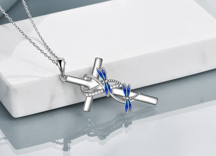 POPLYKE Dragonfly Cross Necklace for Mother Daughter 925 Sterling Silver Dragonfly Pendant Necklace for Sister Butterfly Jewelry Gifts for Grandma