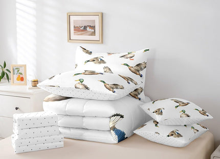 Feelyou Mallard Duck 7 Pieces Bed in a Bag Set Hunting and Fishing 7 PCS Comforter Set with Sheets Wild Animal Bed in a Bag for Boys Girls Kids Wildlife White Comforter Set with Sheets Queen Size
