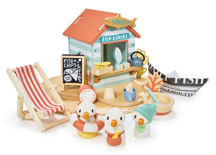 Tender Leaf Toys - Sandy’s Beach Hut - Wooden Toy Seagull Family with Fish and Chips Beach Hut and Accessories - Imaginative Play Set - Develop Creative Storytelling - Fine Motor Skills - Age 3+