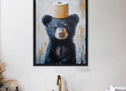 Framed Funny Black Bear Bathroom Canvas Wall Art Rustic Decor 12x16 Inches