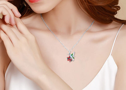PEIMKO Hummingbird Necklace Enamel Hummingbird Pendant Necklace Sterling Silver Cute Aniamal Bird Necklace with Flower Bird Pendant for Women