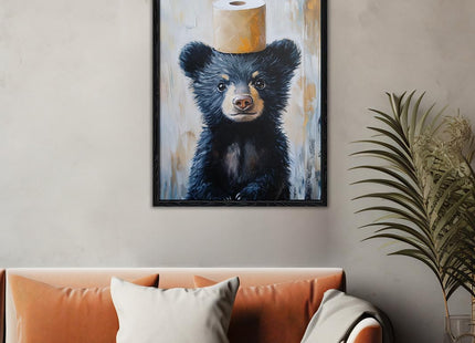 Framed Funny Black Bear Bathroom Canvas Wall Art Rustic Decor 12x16 Inches