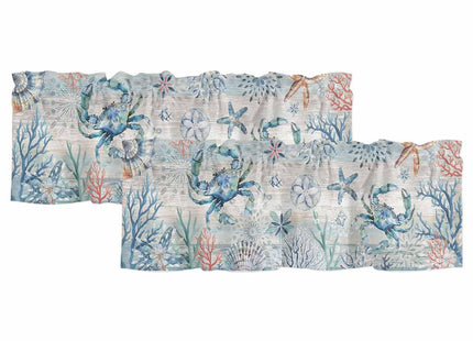 Rullikatlyi Blue Coastal Crab Curtain Valances for Windows, Summer Beach Kitchen Valance Window Treatments Panel 2 Pack, Nautical Starfish Rod Pocket Short Curtains for Bathroom Bedroom 54 x 18 Inch