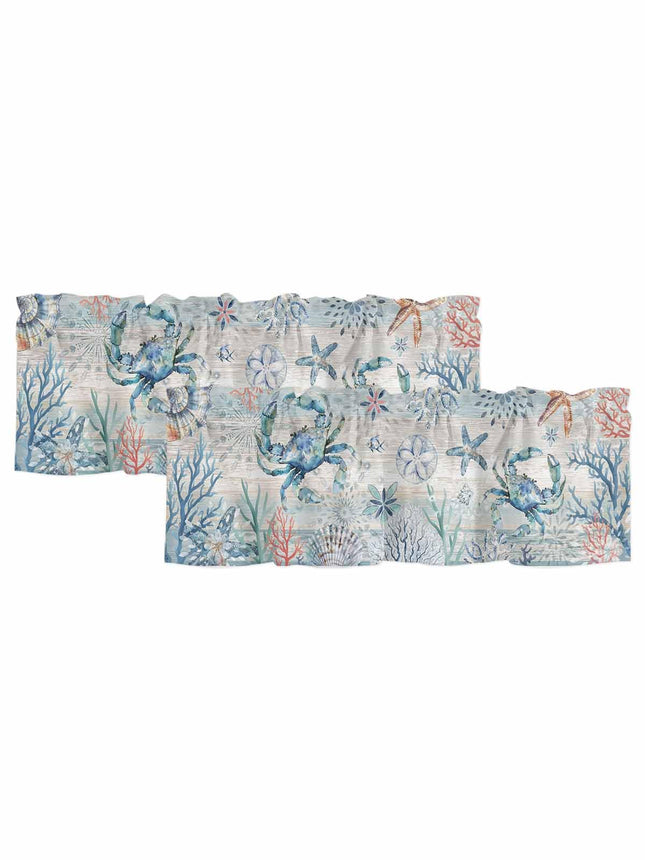 Rullikatlyi Blue Coastal Crab Curtain Valances for Windows, Summer Beach Kitchen Valance Window Treatments Panel 2 Pack, Nautical Starfish Rod Pocket Short Curtains for Bathroom Bedroom 54 x 18 Inch