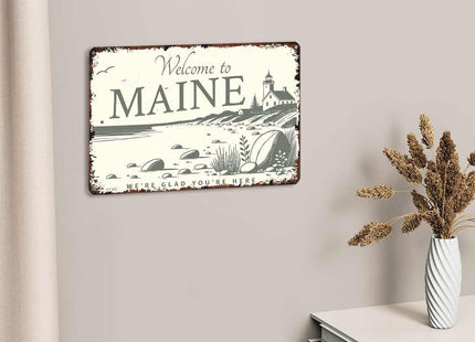 Welcome Maine Coastal Vintage Aluminum Metal Sign 12x8 Inch