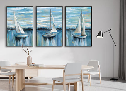 Large Framed Sailboat Wall Art, Tranquil Beach Decor, 24"x36" Set of 3