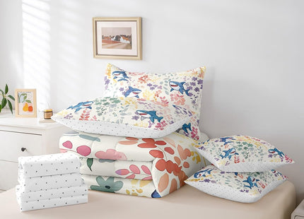 Erosebridal 7Pcs Ocean Shark Twin Comforter Set with Sheets,Colorful Floral Sea Animal Bedding Set for Kids Girls Boys,Cute Flower Bed in a Bag with Fitted Sheet,Flat Sheet,Pillowcases