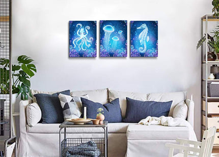 blue Ocean Life Theme Canvas Prints Wall Art Paintings for Living Room Wall Artworks Sea Animal sea horse Octopus jellyfish Pictures Bedroom Decorations 3 Panels Home bathroom Wall decor posters