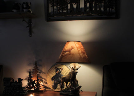 North American Bull Moose Table Lamp with a 12-Inch Diameter Forest Print Shade- Wildlife Decor - Perfect for Living Rooms, Cabins, and Bedrooms - 20 Inches Tall