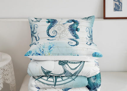 Manfei Hippocampus Comforter Set Twin Size, Sea Turtle Seahorse Octopus Quilt Set with 1 Pillowcase, Nautical Anchor Compass Bedding Set 2pcs for Kids Boy Girls Marine Life Duvet Insert