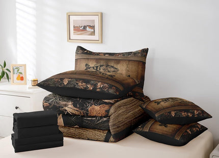 Erosebridal Camo Bass Fish 7 Piece Bed in A Bag Fishing Bass Big Fish Bedding Set Full Rustic Farmhouse Lake House Comforter Set for Boys Men,Retro Tree Camouflage Cabin Sheet Set with Comforter