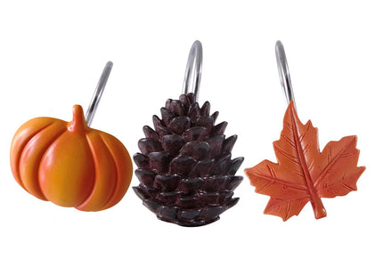 Estmy 12PCS Fall Autumn Shower Curtain Hooks Rings Fall Bathroom Decor Accessories Metal Rustproof Maple Leaf Pumpkins Pinecone Fall Leaves Thanksgiving Decorative Shower Hooks Rings for Curtains