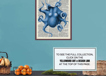 Blue Octopus Wall Art Print - 8x10 Vintage Dictionary Page, Unframed