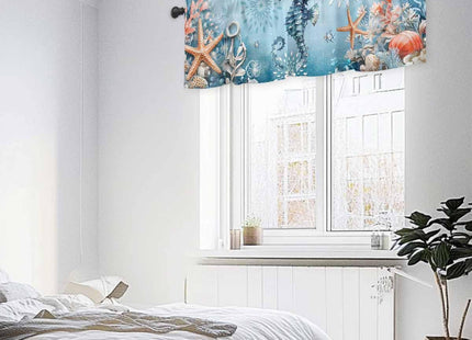 RisQiten Blue Coastal Seahorse Valances for Windows, Summer Beach Kitchen Curtains Window Treatment, Nautical Starfish Botanical Rod Pocket Short Window Valances for Living Room/Bedroom, 42" x 12"