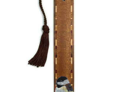 Chickadee Wooden Bookmark | Chickadee Songbird Art by Kathleen Barsness | Birdwatcher Gift, Bird Lover & Nature Lover Bookmark | Handmade Wood Bookmark with Brown Tassel | Made in the USA