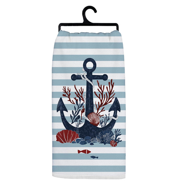Nautical Anchor Kitchen Towels, Coastal Beach Hand Towels for Bathroom, Blue Striped Fish Decorative Dish Tea Towels for Kitchen Decor, Coastal Nautical Bathroom Decor, 16x24 Inch