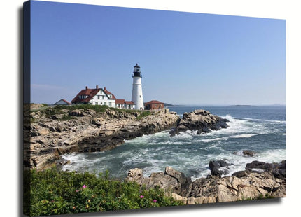 Canvas Wall Art Prints Lighthouse Head Light Portland Maine New England Rocky Shore Poster for Living Room Bedroom Home Office Kitchen Hallway Background Wall Decor Framed (Framed,12x18 inch)