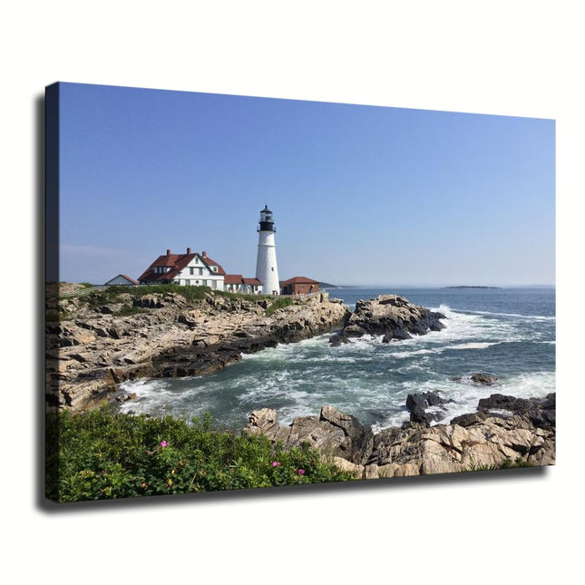 Canvas Wall Art Prints Lighthouse Head Light Portland Maine New England Rocky Shore Poster for Living Room Bedroom Home Office Kitchen Hallway Background Wall Decor Framed (Framed,12x18 inch)