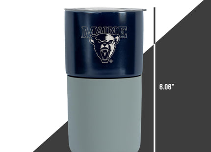 Rico Industries NCAA Maine Black Bears 16 oz Ceramic Tumbler with Silicone Grip, Deep Laser Engraved, Navy and Gray Colored Design with Slide Lid, Travel Coffee Mug, Matte Glaze