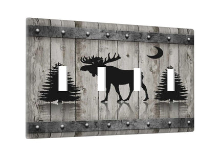 Rustic Deer Moose Forest Tree on Wood Plank Quad Toggle Light Switch Covers Decorative Unique 4 Gang Wall Plate Electrical Faceplate Switchplate for Farmhouse Kitchen Bedroom Bathroom Decor